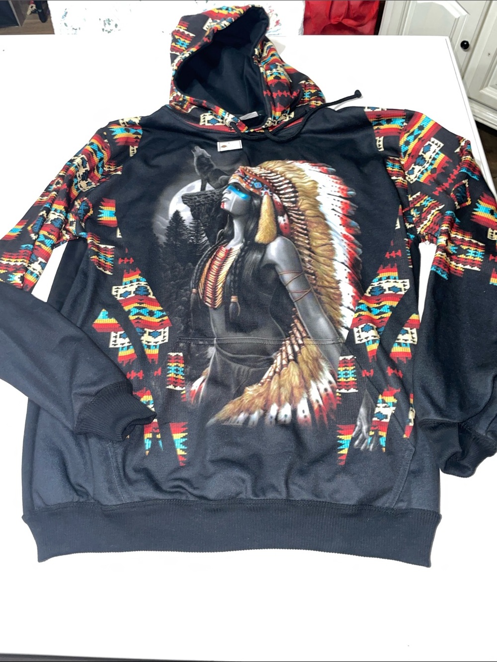 NWT Essence by David Gonzales Native American woman wolf boho Aztec hoodie large